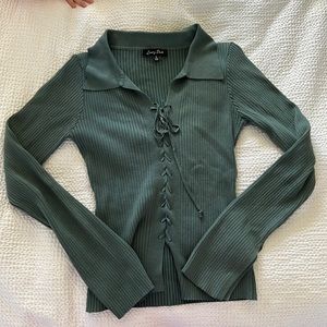 CUTE LS RIBBED POLO WITH TIES UP THE FRONT